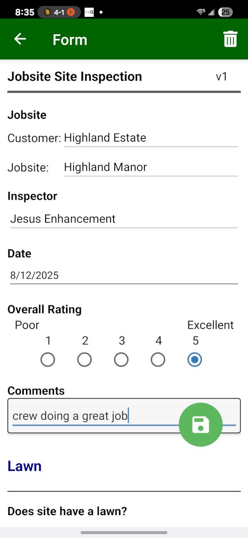 Field Assistant completed site inspection form with turf condition, irrigation issue, and photos