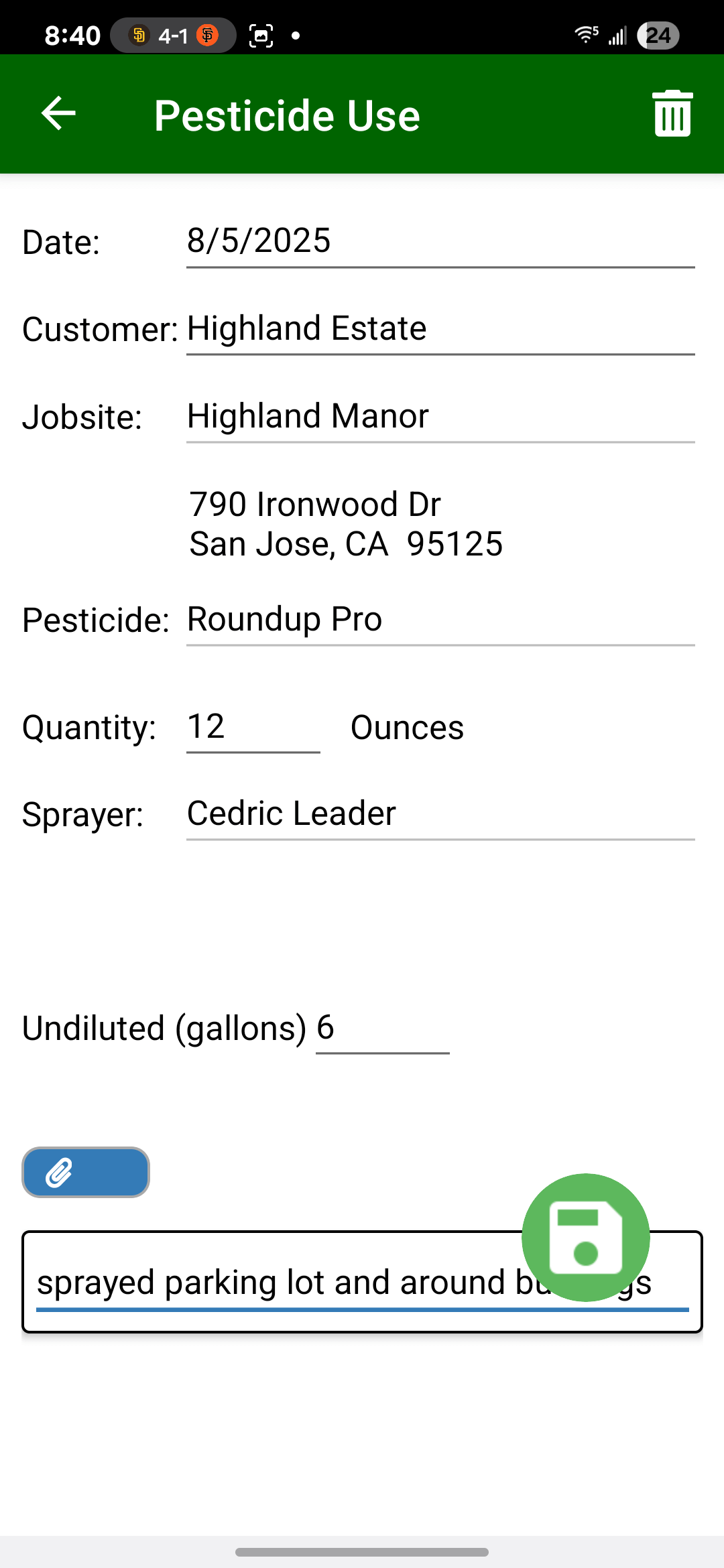 Field Assistant pesticide use screen with applicator, product, rate, area, and weather details