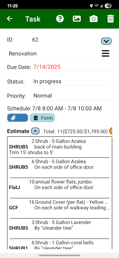 Field Assistant mobile estimate screen for a seasonal color installation at Oak Ridge Retail Center
