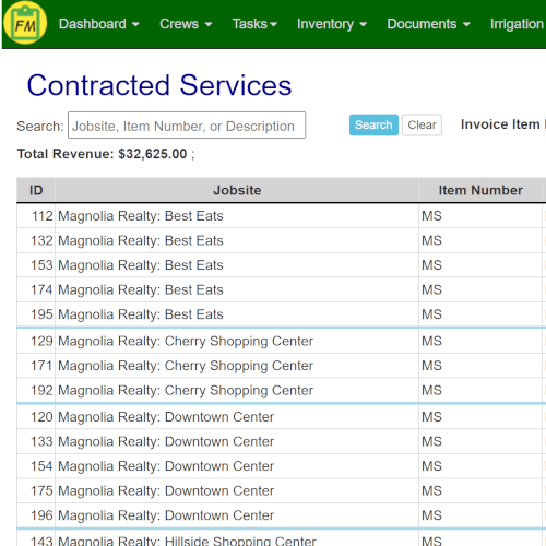 Field Manager contracted services screen showing monthly maintenance services ready for QuickBooks invoicing