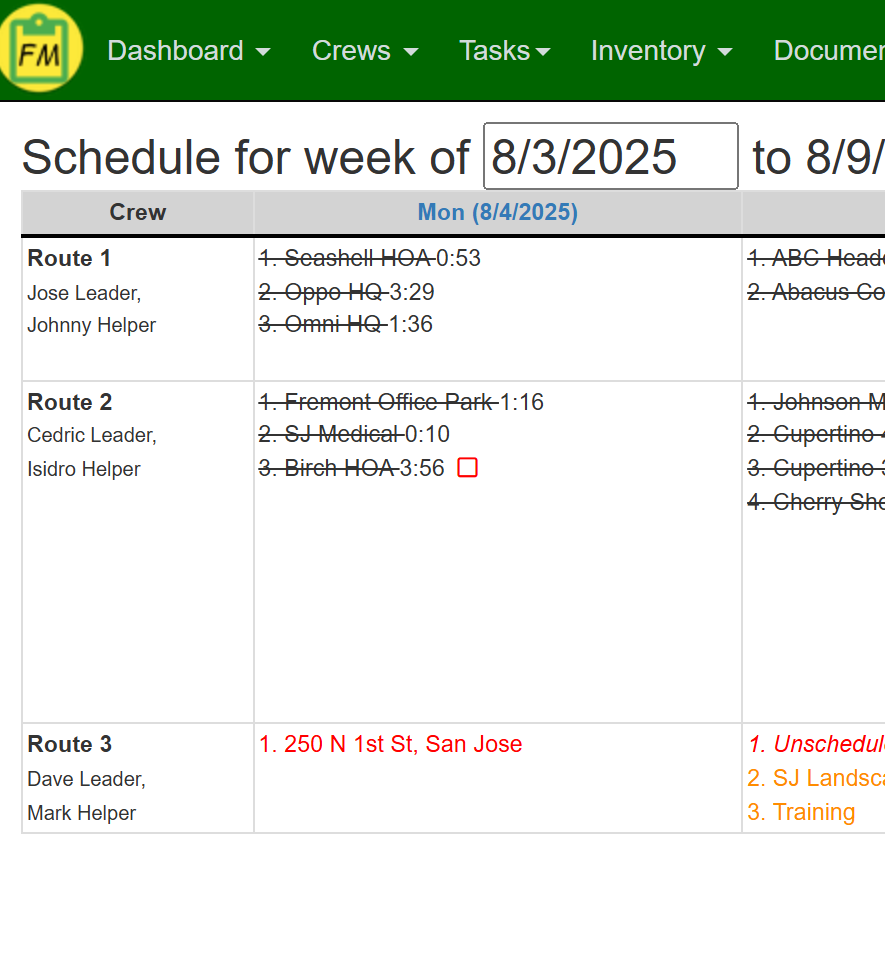 Field Manager GPS proof screen comparing scheduled stops with actual landscape crew activity