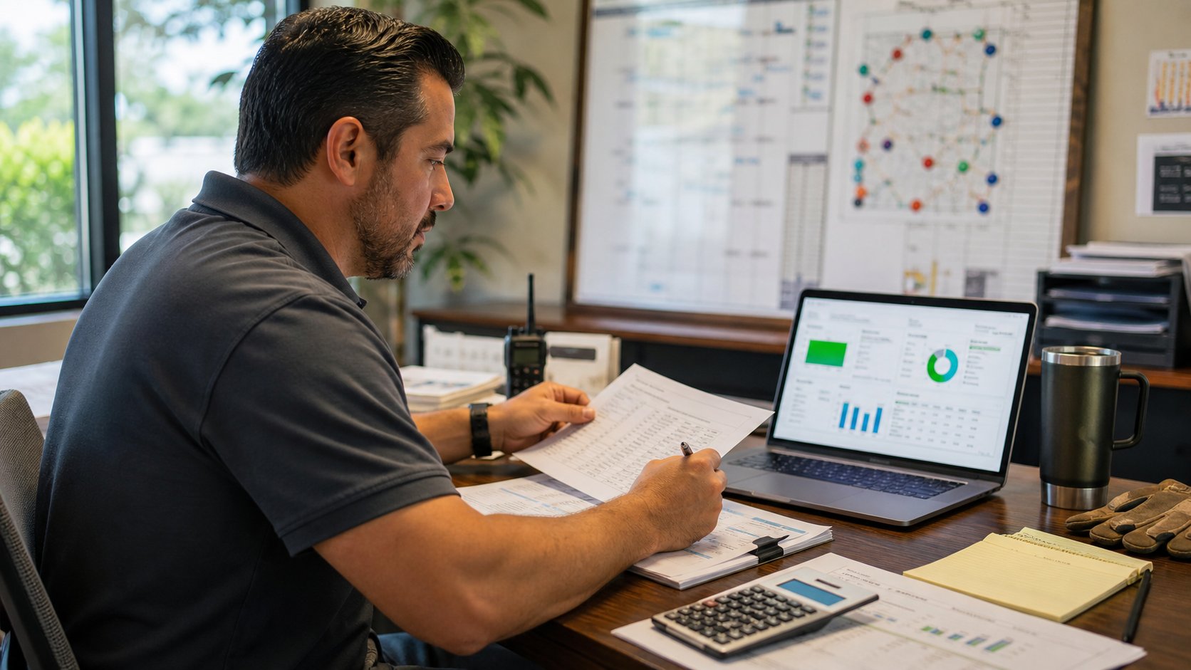 Landscape business owner reviewing job profitability and cost records.