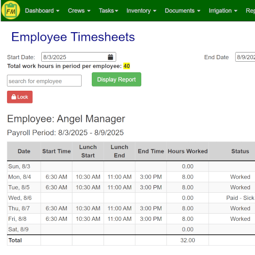 A timesheet report being prepared for employee signatures approving payroll period hours.
